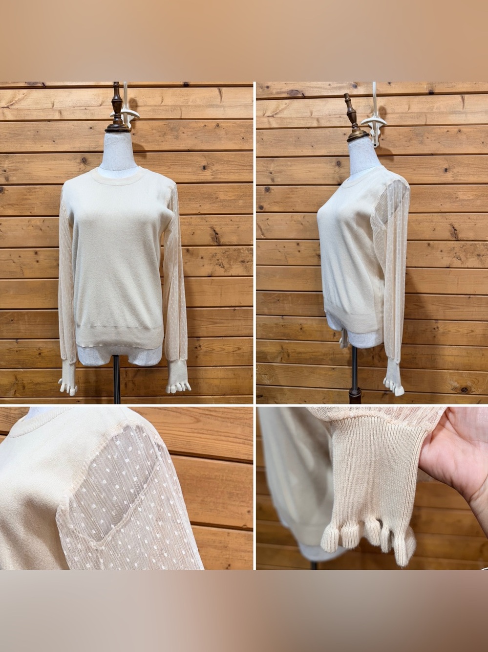NET.153 Ivory Swiss Dot Sheer Sleeve Knit Sweater Blouse M/L Romantic